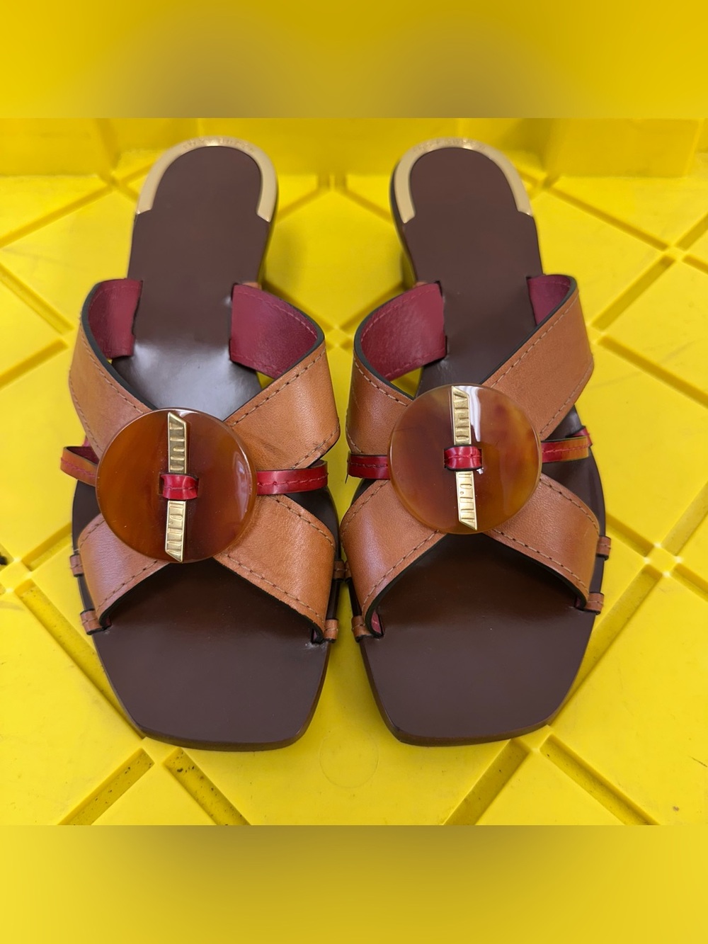 Tory Burch KNOTTED HEELED MULES SANDAL Elba Camello Red Size 8.5 Women’s